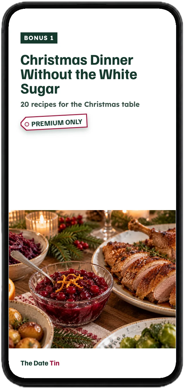 The cover of the Christmas Dinner Without the White Sugar bonus on a phone