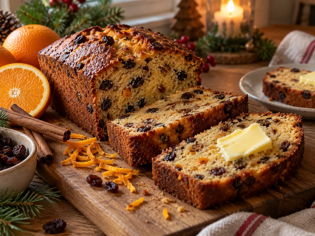 A sliced orange and raisin loaf with butter