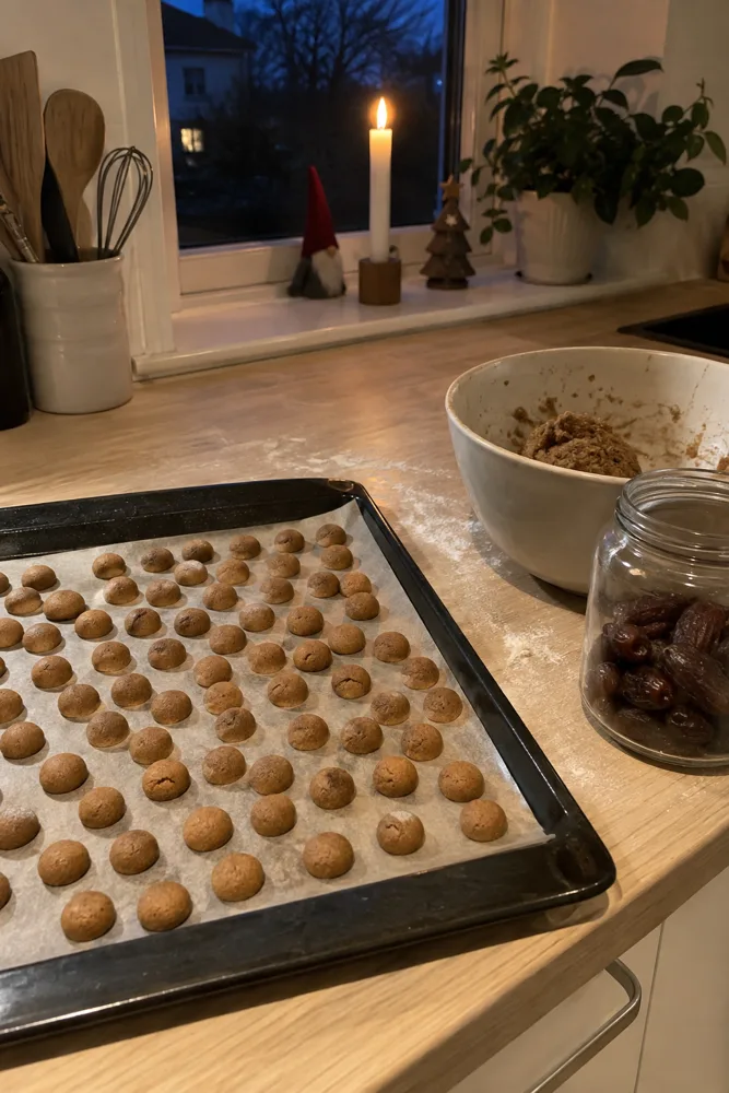 A tray of freshly baked biscuits on a kitchen worktop in the evening